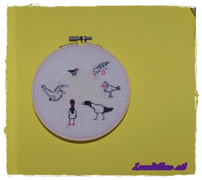 Ein runder Stickrahmen mit sechs gestickten Vögeln 