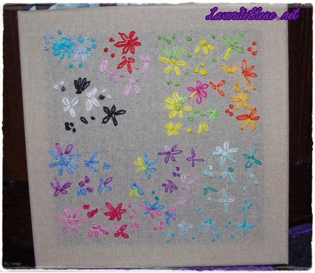 Ein Rahmen mit bunten gestickten Fäden